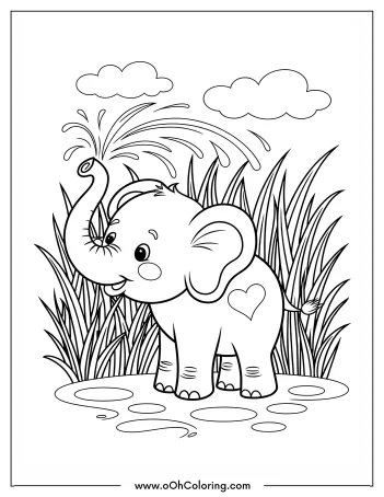 Cute elephant squirting water in a grassy field with clouds.