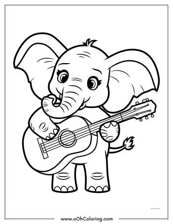 Cute elephant playing a guitar for coloring.