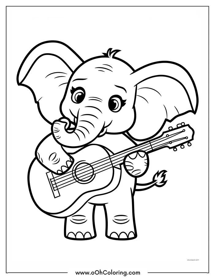 Cute elephant playing a guitar for coloring.