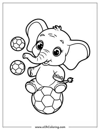 Cute elephant sitting with soccer balls coloring page.