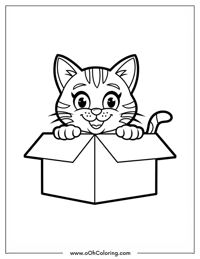 Coloring page with a cute kitten popping out of a box.