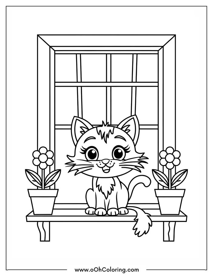 A cute kitten sitting on a window sill with flowers on either side.