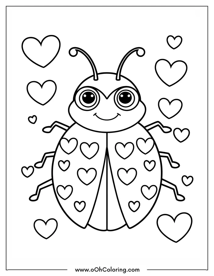 Smiling ladybug surrounded by hearts coloring page.