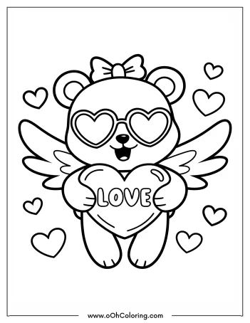 Bear with heart-shaped glasses, wings, and hearts coloring page