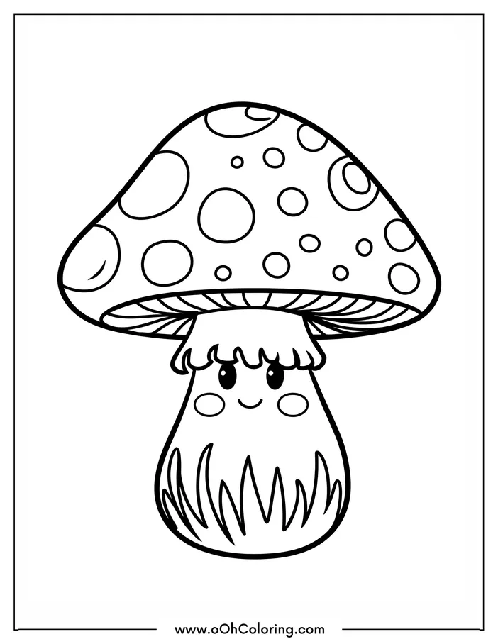 Smiling cute mushroom with a large polka-dotted cap coloring page.