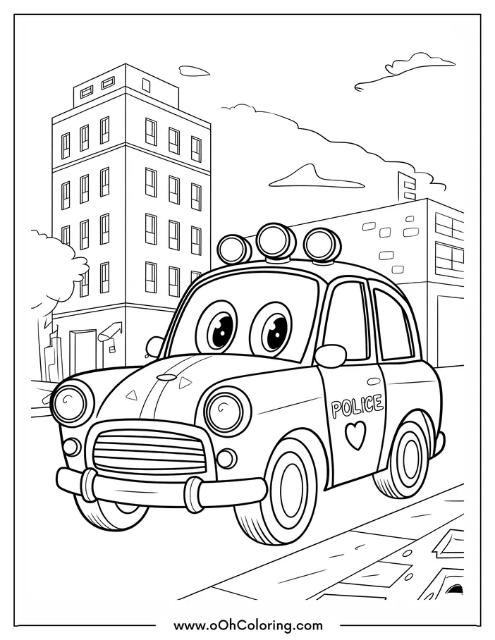 Cute police car with big eyes in a city setting coloring page.