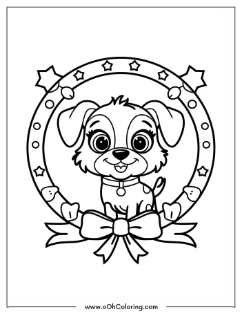 A coloring page of a cute puppy with stars and a ribbon decoration.