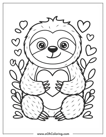 Cute sloth holding a heart surrounded by leaves and hearts