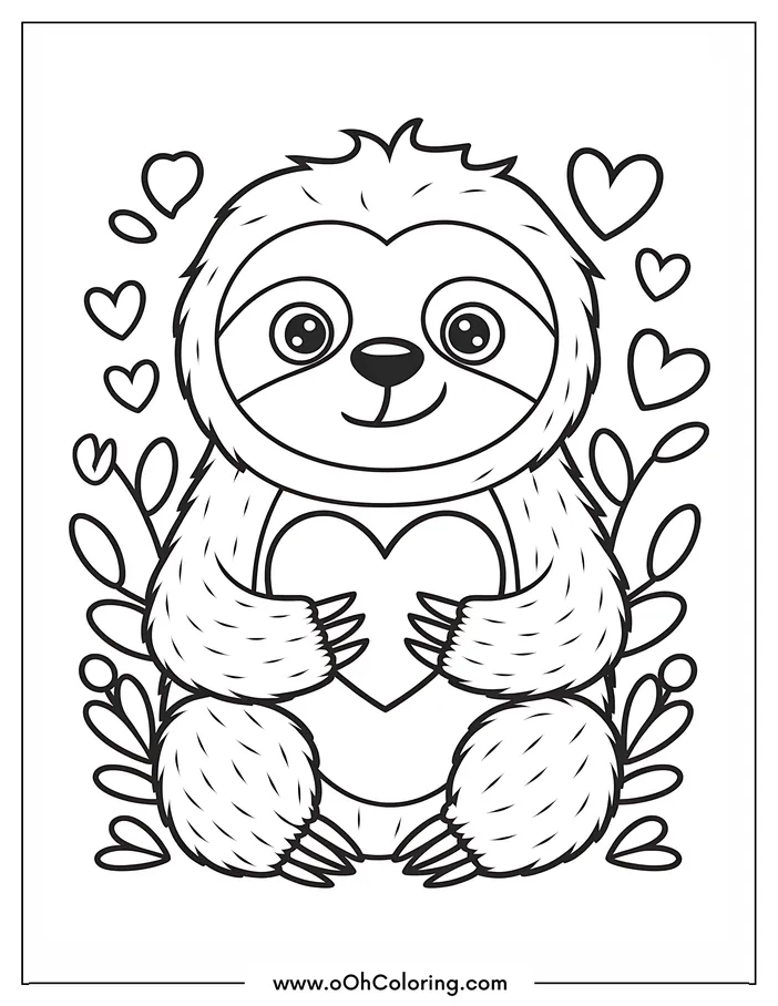 Cute sloth holding a heart surrounded by leaves and hearts