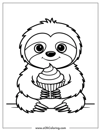 A cute sloth holding a cupcake coloring page.