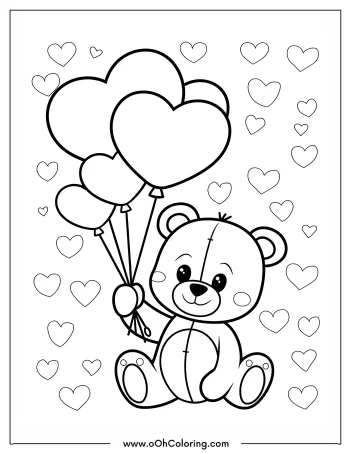 Teddy bear with heart balloons and surrounding hearts coloring page