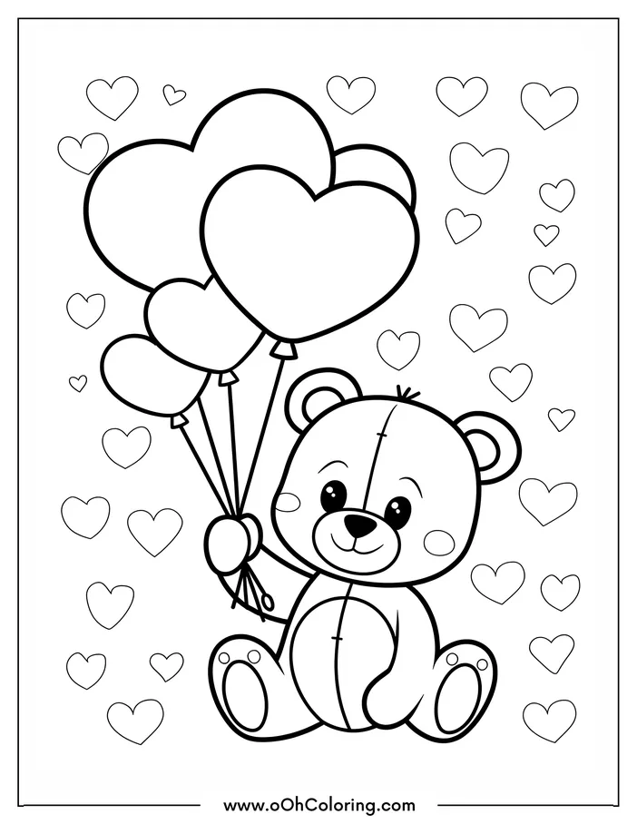 Teddy bear with heart balloons and surrounding hearts coloring page