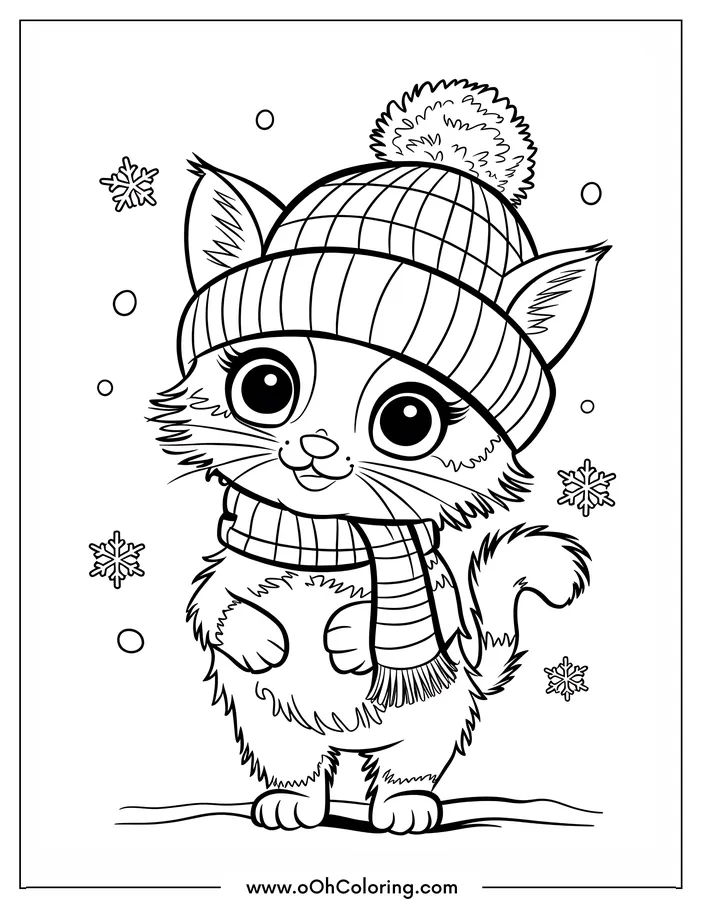 Adorable cat in a hat and scarf with snowflakes coloring page.