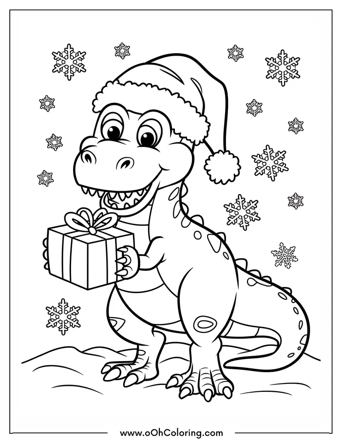 Dinosaur wearing a Santa hat holding a gift with snowflakes in the background.