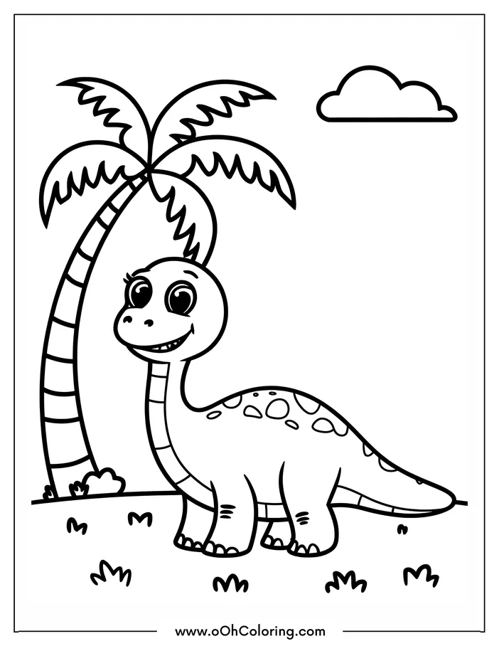 Cute dinosaur next to a palm tree and cloud coloring page.
