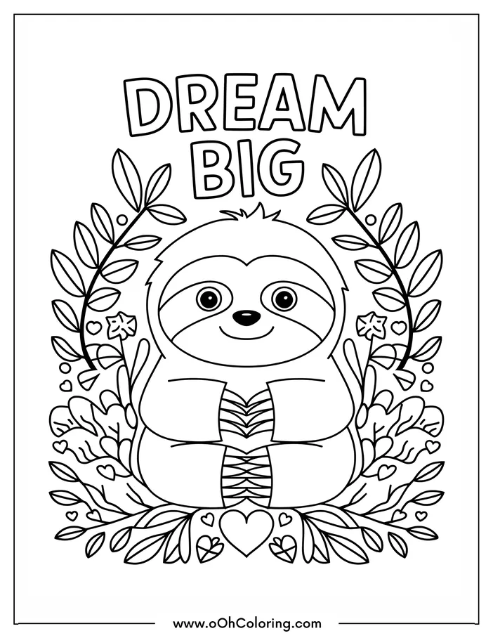 Coloring page with a cute sloth holding a heart, surrounded by flowers, and 'Dream Big' text.