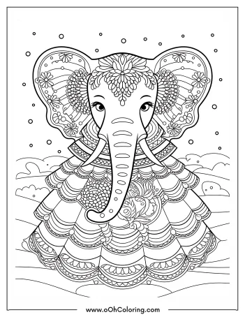 Coloring page of an elephant with elaborate floral patterns.