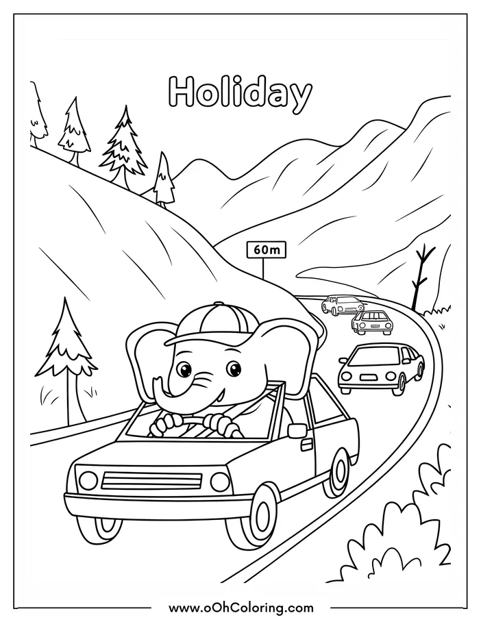 Elephant driving a car on a holiday road coloring page.