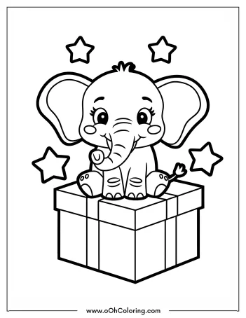 Coloring page featuring an adorable elephant on a gift box with stars.
