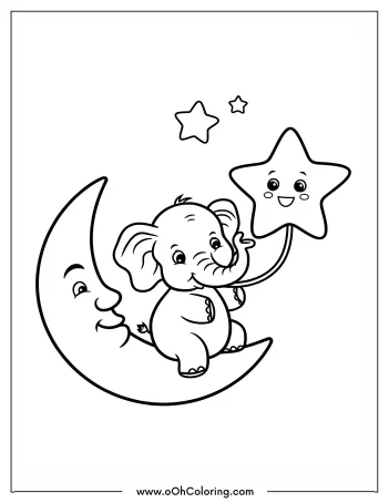 Cute elephant sitting on a crescent moon with a smiling star.