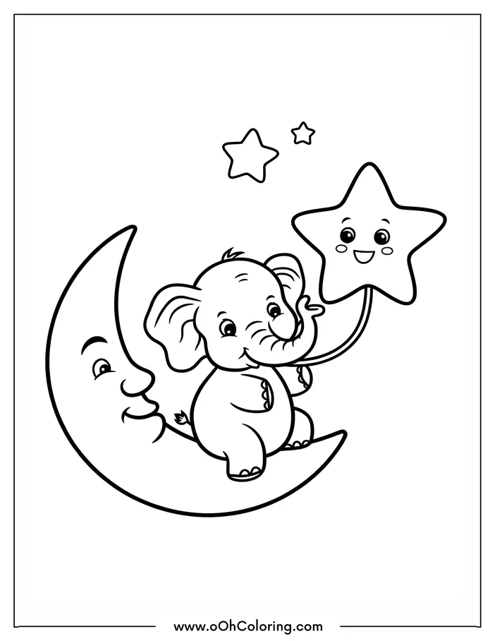 Cute elephant sitting on a crescent moon with a smiling star.