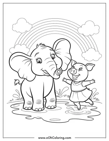 Coloring page with an elephant and piglet standing near a pond with a rainbow and clouds overhead.