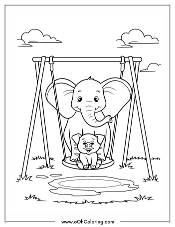 An elephant and piglet on a swing in a coloring page.