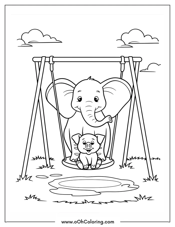 An elephant and piglet on a swing in a coloring page.