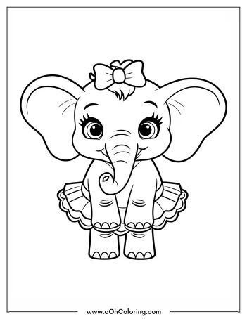 Cute elephant wearing a tutu and bow coloring page.