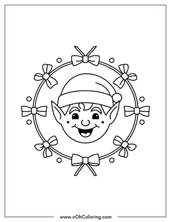 Coloring page of an elf's face with a surrounding wreath of bows.