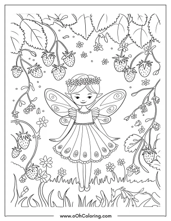 Fairy in a strawberry garden with wings, surrounded by strawberries and flowers.