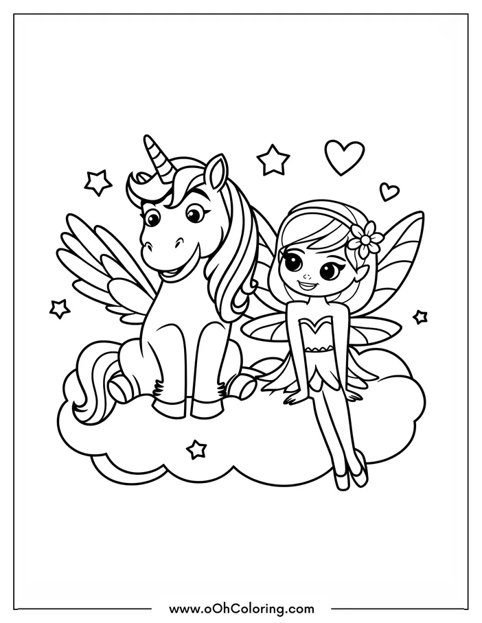 Fairy and unicorn sitting on a cloud with stars and hearts.