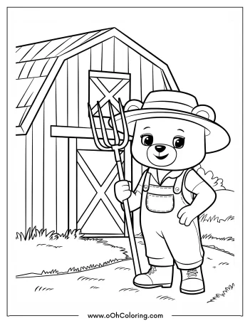 A bear dressed as a farmer with a pitchfork in front of a barn.