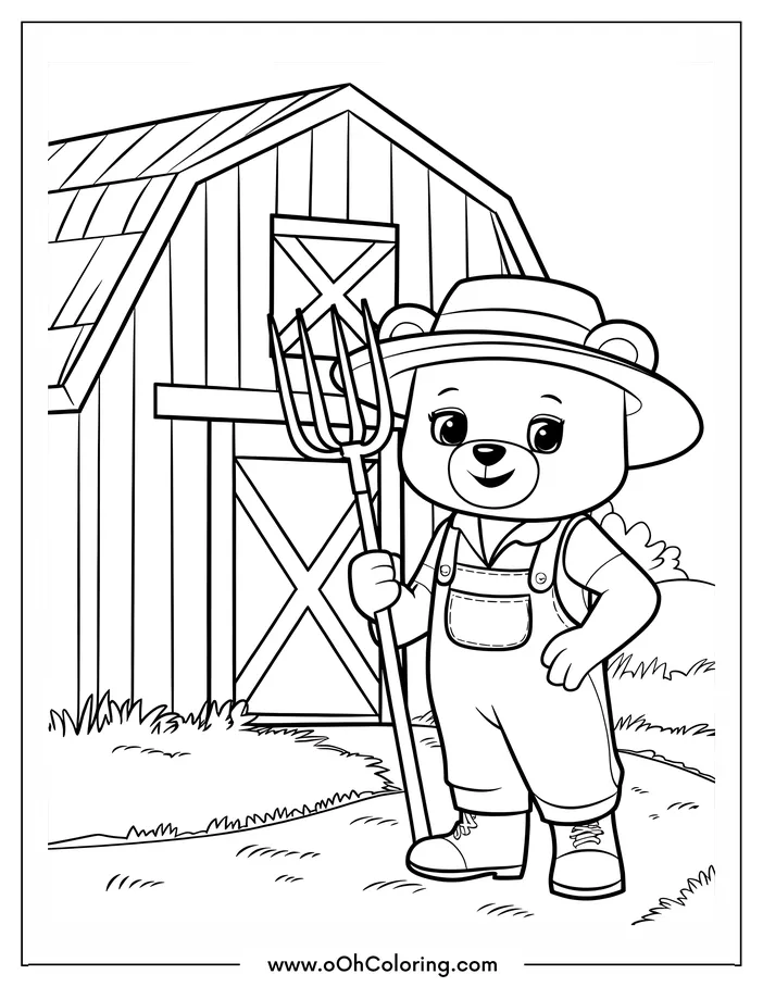 A bear dressed as a farmer with a pitchfork in front of a barn.