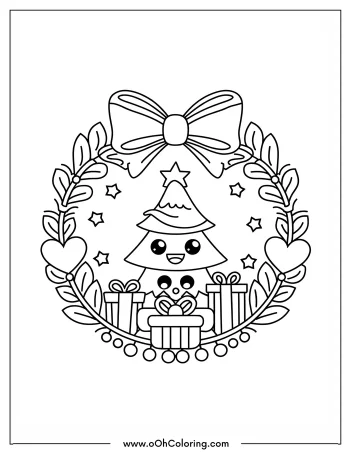 Christmas wreath with a tree, gifts, hearts, and stars.
