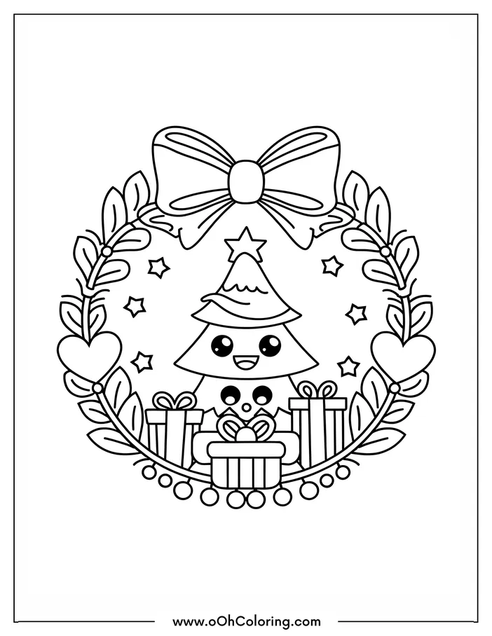 Christmas wreath with a tree, gifts, hearts, and stars.