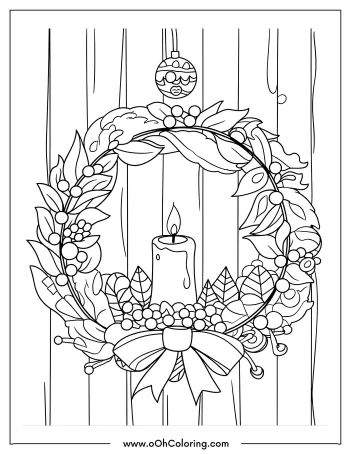 Holiday wreath coloring page with candle and ornament.