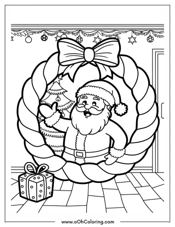 Santa Claus inside a wreath, with a Christmas tree and gift in the background.
