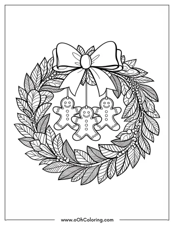 Coloring page of a Christmas wreath with gingerbread men and a bow.