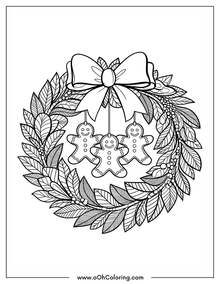 Coloring page of a Christmas wreath with gingerbread men and a bow.