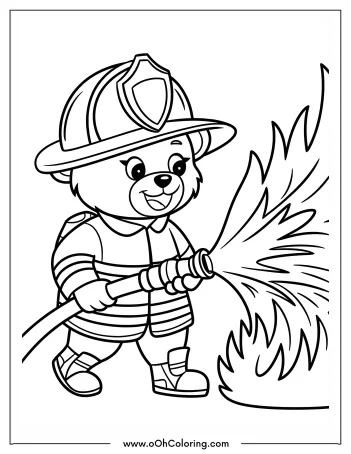 Bear dressed as a firefighter spraying water from a hose onto flames.