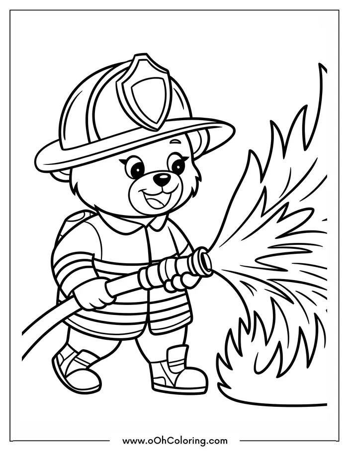 Bear dressed as a firefighter spraying water from a hose onto flames.