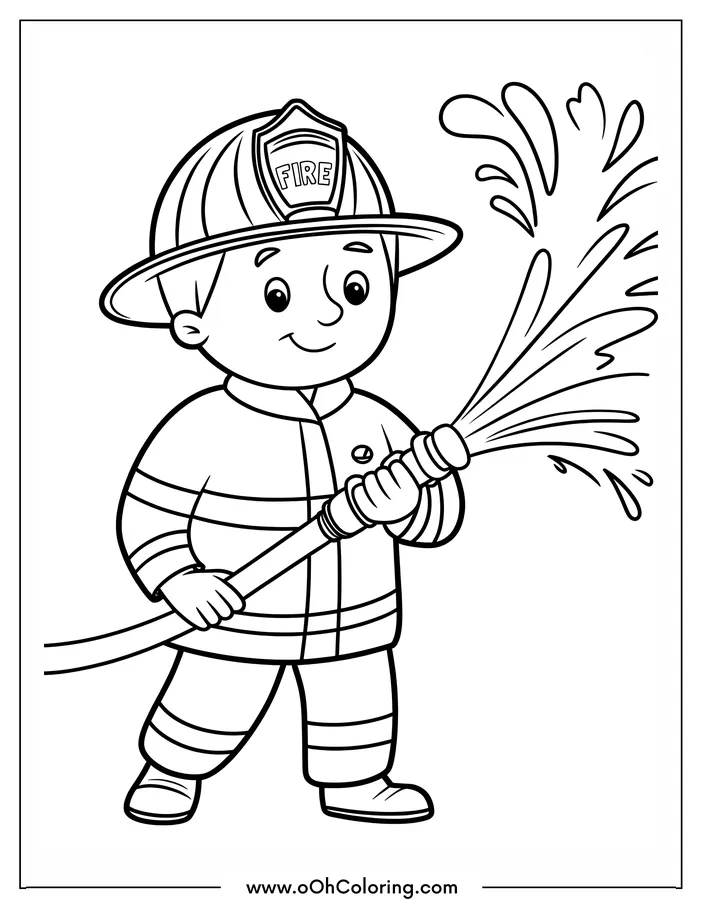 Firefighter holding a hose spraying water coloring page.