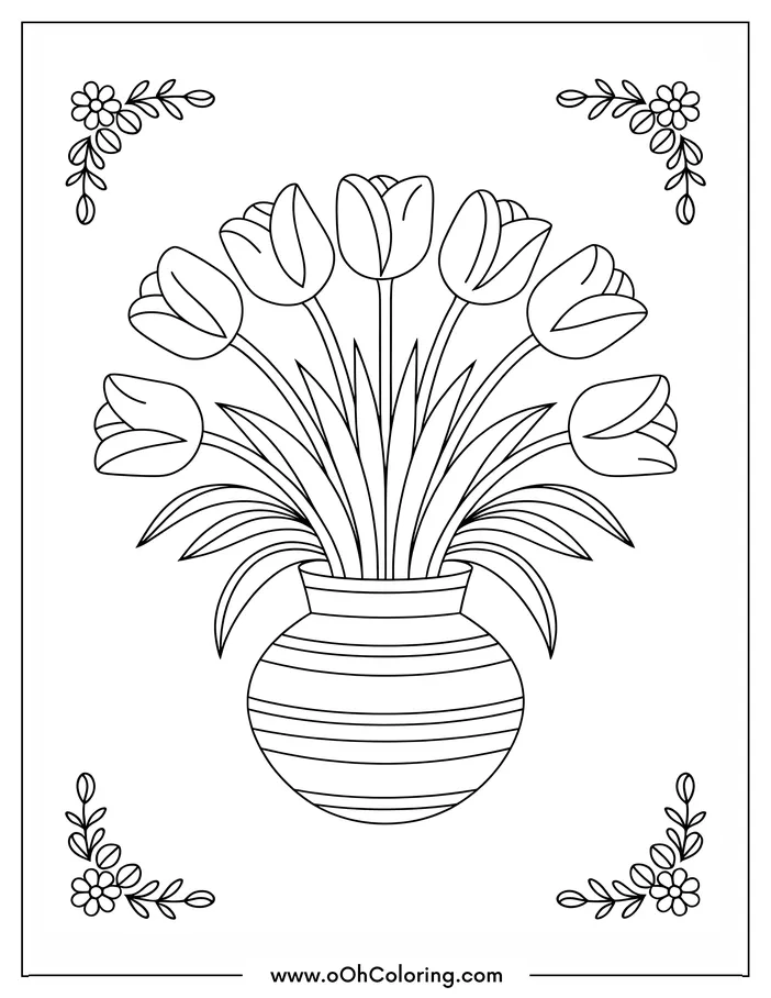Coloring page of a vase with tulips and decorative flowers in the corners.