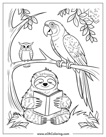 Sloth reading a book with a parrot and owl on a tree branch