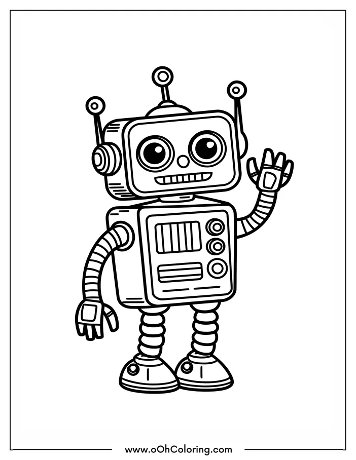 Friendly robot waving with antennas and buttons coloring page