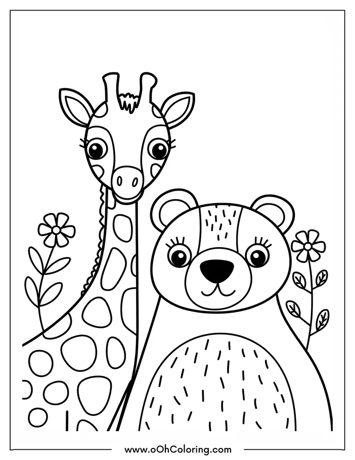 A giraffe and bear surrounded by flowers on a coloring page.