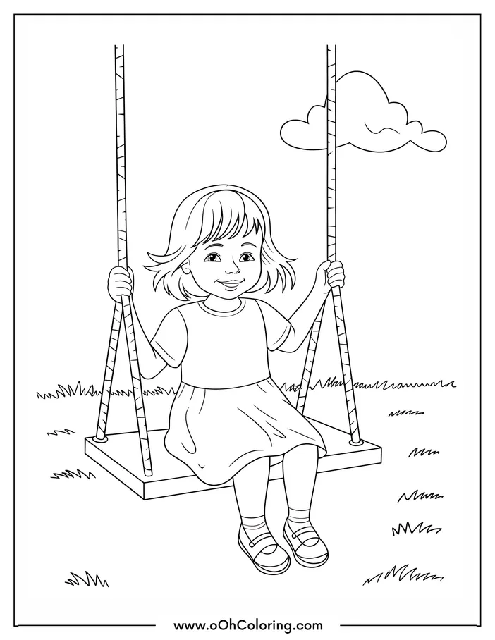 Coloring page of a girl on a swing with a cloud in the background.