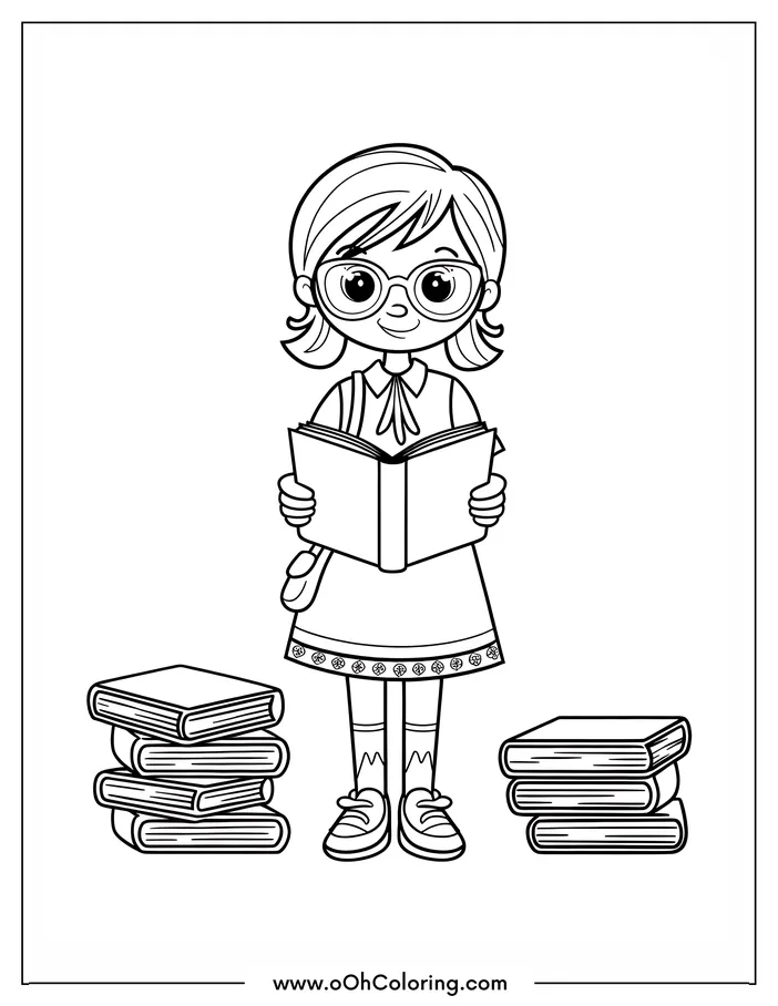 A young girl with glasses reading a book, surrounded by stacks of books.