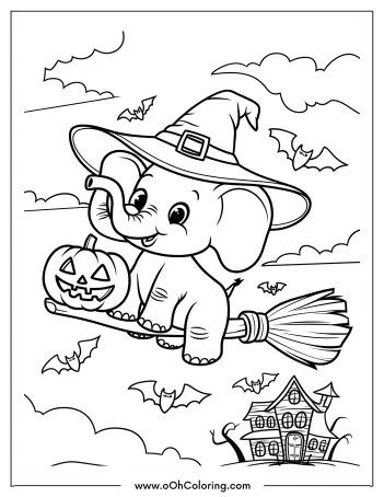 Elephant in a witch hat flying on a broomstick with a pumpkin, surrounded by bats and a haunted house.